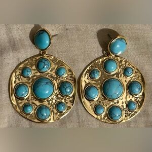 J. CREW Turquoise & Gold Tone Disk Cabochon Earrings